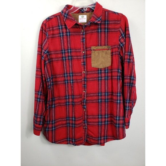 Marley Lilly Shirt Womens Lg Red Blue Button Up Monogram Pocket Blank - Picture 1 of 8